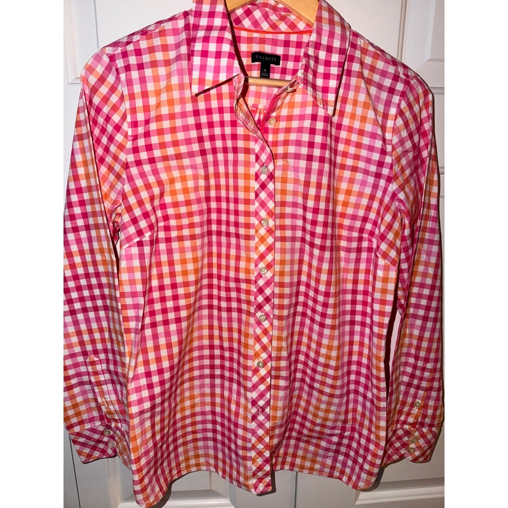 Talbots Womens Pink Orange Gingham Plaid Cotton Button Down Shirt Size M